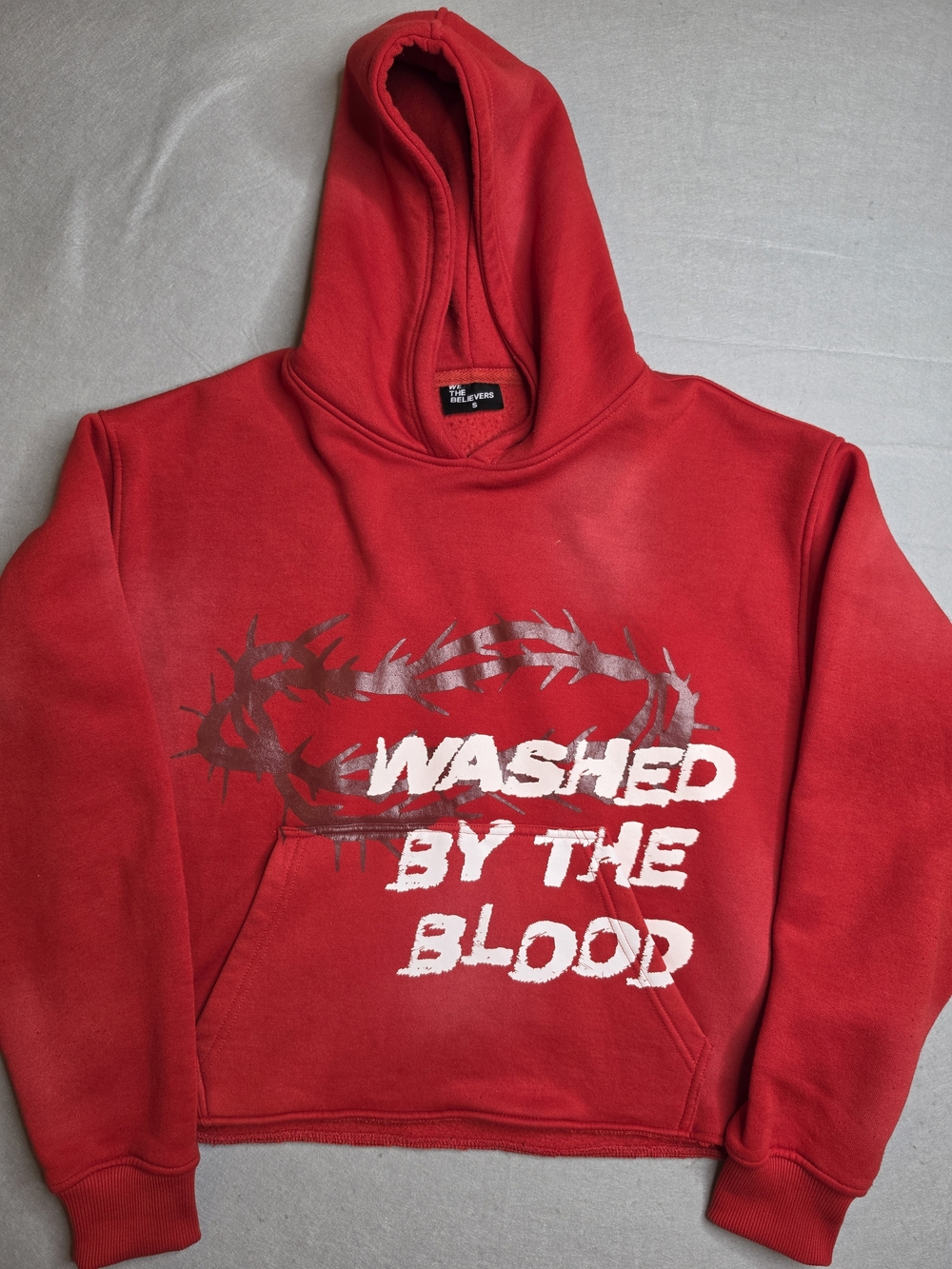 Red "Washed By The Blood" Graphic Hoodie WE THE BELIEVERS - Size SMALL - CROPPED